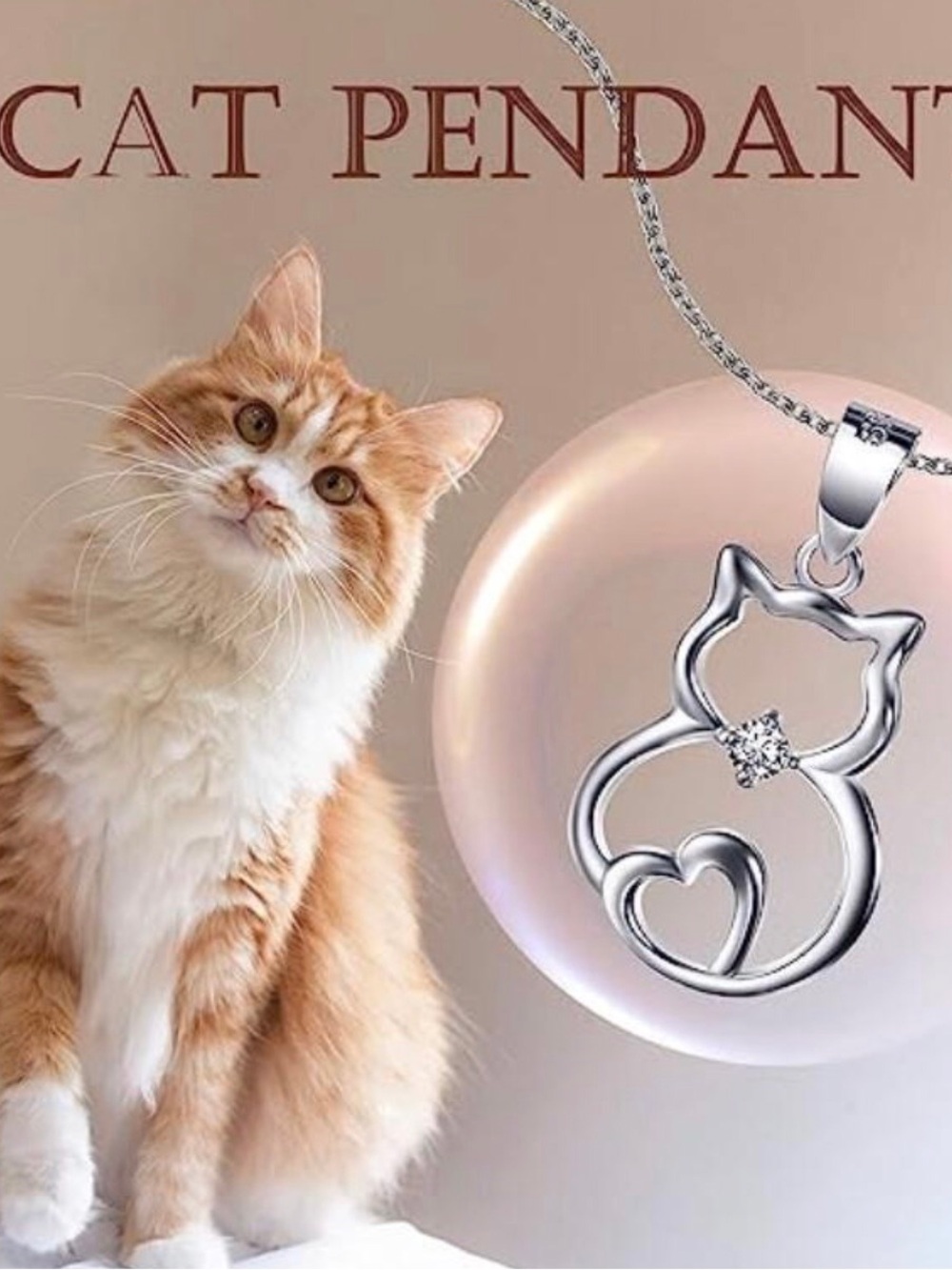 Silver Cat Pendant Necklace with Crystal and heart accent